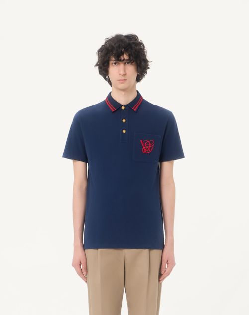 Valentino - Cotton Piqué Polo Shirt With Vg Embroidery - Blue - Man - T-shirts And Sweatshirts